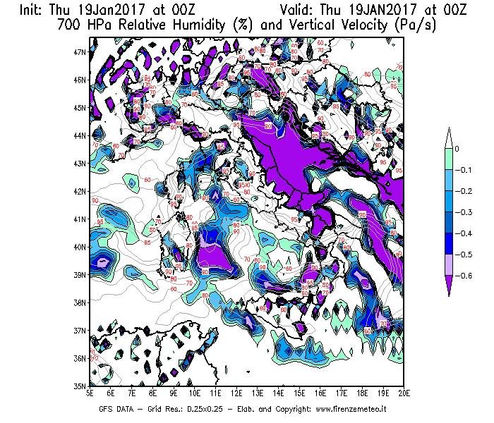 Mappa di analisi GFS - Umidità relativa [%] e Omega [Pa/s] a 700 hPa in Italia
							del 19/01/2017 00 <!--googleoff: index-->UTC<!--googleon: index-->