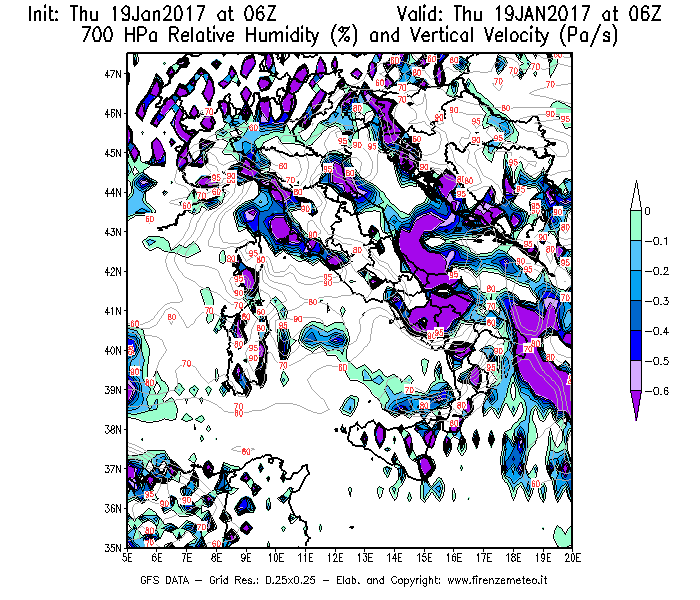 Mappa di analisi GFS - Umidità relativa [%] e Omega [Pa/s] a 700 hPa in Italia
							del 19/01/2017 06 <!--googleoff: index-->UTC<!--googleon: index-->