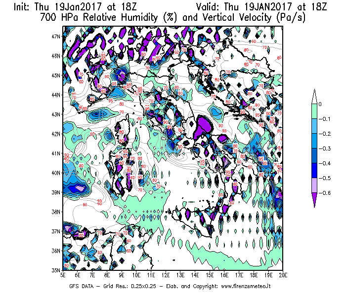 Mappa di analisi GFS - Umidità relativa [%] e Omega [Pa/s] a 700 hPa in Italia
							del 19/01/2017 18 <!--googleoff: index-->UTC<!--googleon: index-->