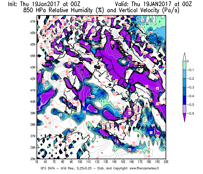 Mappa di analisi GFS - Umidità relativa [%] e Omega [Pa/s] a 850 hPa in Italia
							del 19/01/2017 00 <!--googleoff: index-->UTC<!--googleon: index-->