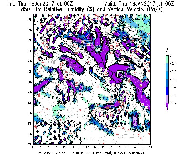 Mappa di analisi GFS - Umidità relativa [%] e Omega [Pa/s] a 850 hPa in Italia
							del 19/01/2017 06 <!--googleoff: index-->UTC<!--googleon: index-->