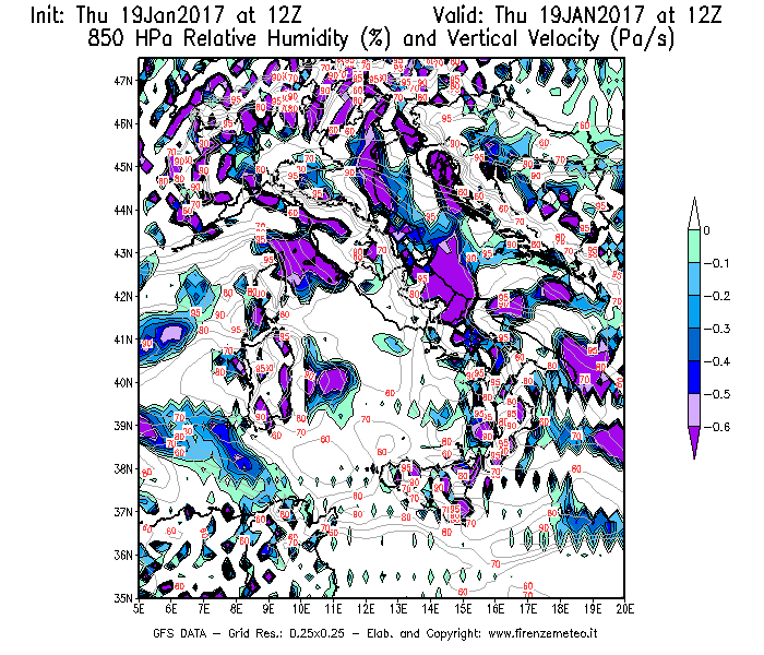 Mappa di analisi GFS - Umidità relativa [%] e Omega [Pa/s] a 850 hPa in Italia
							del 19/01/2017 12 <!--googleoff: index-->UTC<!--googleon: index-->