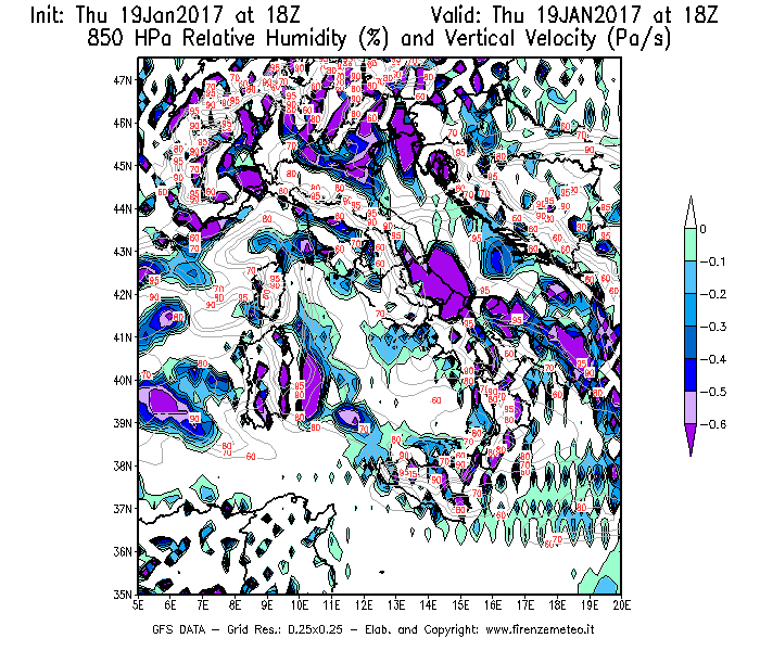 Mappa di analisi GFS - Umidità relativa [%] e Omega [Pa/s] a 850 hPa in Italia
							del 19/01/2017 18 <!--googleoff: index-->UTC<!--googleon: index-->