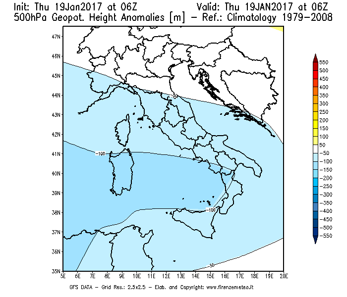 Mappa di analisi GFS - Anomalia di Geopotenziale a 500 hPa in Italia
							del 19/01/2017 06 <!--googleoff: index-->UTC<!--googleon: index-->