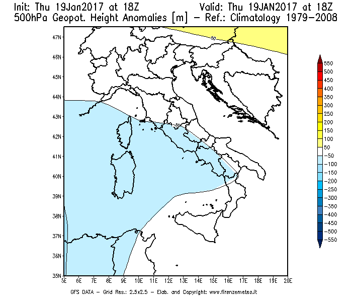 Mappa di analisi GFS - Anomalia di Geopotenziale a 500 hPa in Italia
							del 19/01/2017 18 <!--googleoff: index-->UTC<!--googleon: index-->
