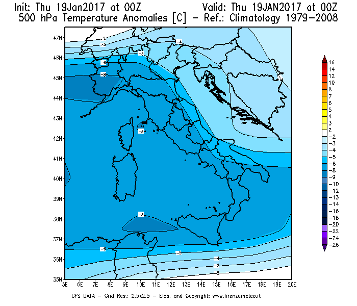 Mappa di analisi GFS - Anomalia Temperatura [°C] a 500 hPa in Italia
							del 19/01/2017 00 <!--googleoff: index-->UTC<!--googleon: index-->