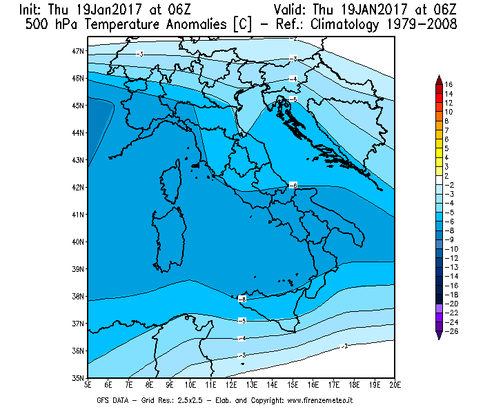Mappa di analisi GFS - Anomalia Temperatura [°C] a 500 hPa in Italia
							del 19/01/2017 06 <!--googleoff: index-->UTC<!--googleon: index-->