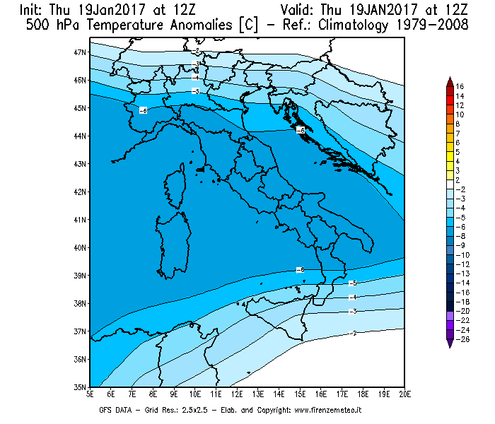 Mappa di analisi GFS - Anomalia Temperatura [°C] a 500 hPa in Italia
							del 19/01/2017 12 <!--googleoff: index-->UTC<!--googleon: index-->