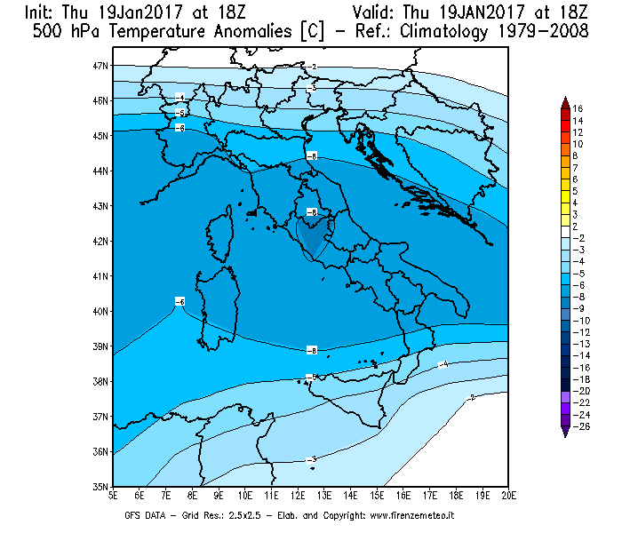 Mappa di analisi GFS - Anomalia Temperatura [°C] a 500 hPa in Italia
							del 19/01/2017 18 <!--googleoff: index-->UTC<!--googleon: index-->