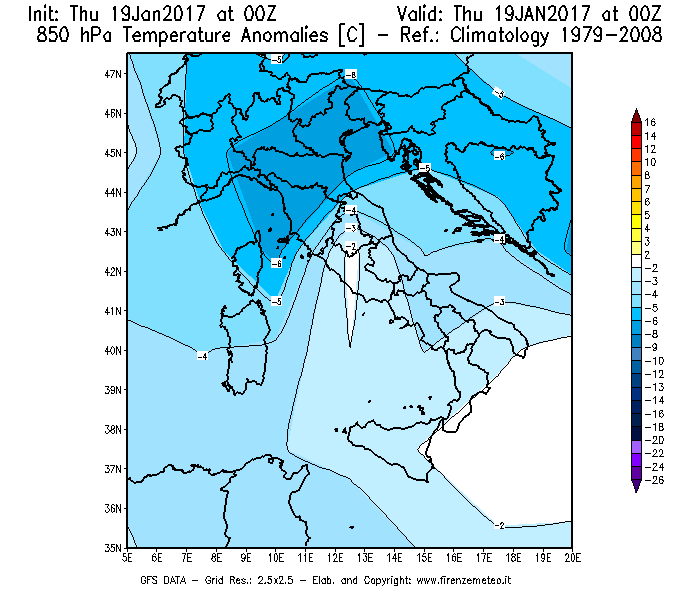 Mappa di analisi GFS - Anomalia Temperatura [°C] a 850 hPa in Italia
							del 19/01/2017 00 <!--googleoff: index-->UTC<!--googleon: index-->