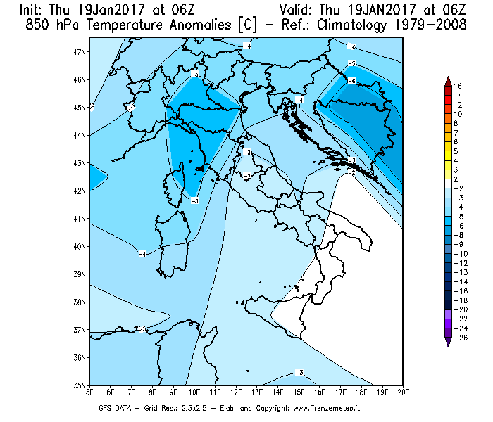 Mappa di analisi GFS - Anomalia Temperatura [°C] a 850 hPa in Italia
							del 19/01/2017 06 <!--googleoff: index-->UTC<!--googleon: index-->