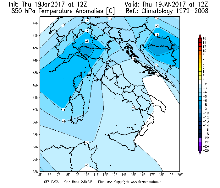 Mappa di analisi GFS - Anomalia Temperatura [°C] a 850 hPa in Italia
							del 19/01/2017 12 <!--googleoff: index-->UTC<!--googleon: index-->