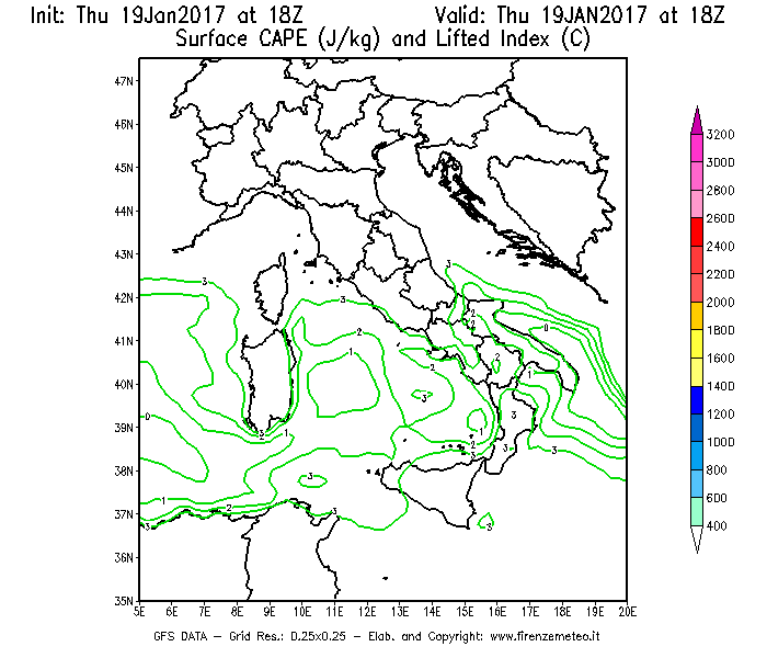 Mappa di analisi GFS - CAPE [J/kg] e Lifted Index [°C] in Italia
							del 19/01/2017 18 <!--googleoff: index-->UTC<!--googleon: index-->