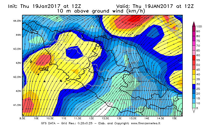 Mappa di analisi GFS - Velocità del vento a 10 metri dal suolo [km/h] in Centro-Italia
							del 19/01/2017 12 <!--googleoff: index-->UTC<!--googleon: index-->