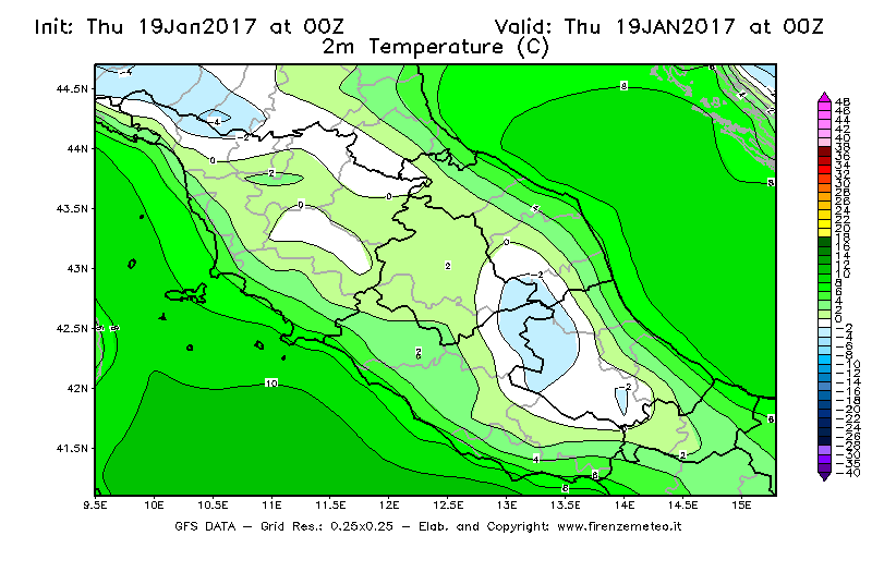 Mappa di analisi GFS - Temperatura a 2 metri dal suolo [°C] in Centro-Italia
							del 19/01/2017 00 <!--googleoff: index-->UTC<!--googleon: index-->
