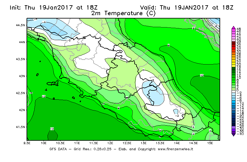 Mappa di analisi GFS - Temperatura a 2 metri dal suolo [°C] in Centro-Italia
							del 19/01/2017 18 <!--googleoff: index-->UTC<!--googleon: index-->