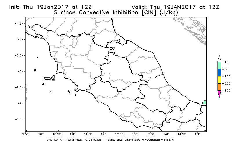 Mappa di analisi GFS - CIN [J/kg] in Centro-Italia
							del 19/01/2017 12 <!--googleoff: index-->UTC<!--googleon: index-->