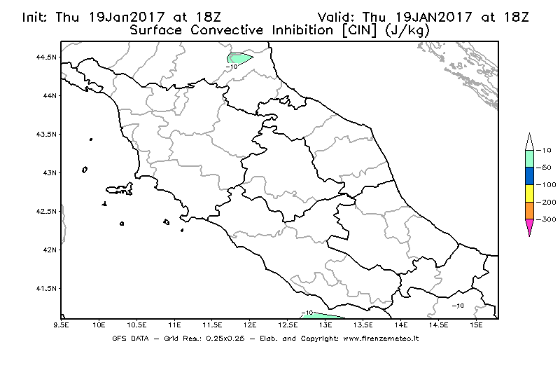 Mappa di analisi GFS - CIN [J/kg] in Centro-Italia
							del 19/01/2017 18 <!--googleoff: index-->UTC<!--googleon: index-->