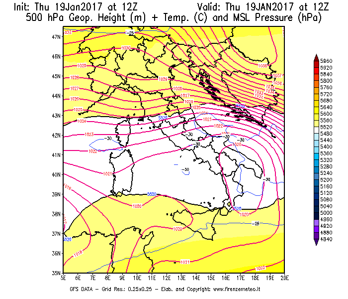 Mappa di analisi GFS - Geopotenziale [m] + Temp. [°C] a 500 hPa + Press. a livello del mare [hPa] in Italia
							del 19/01/2017 12 <!--googleoff: index-->UTC<!--googleon: index-->