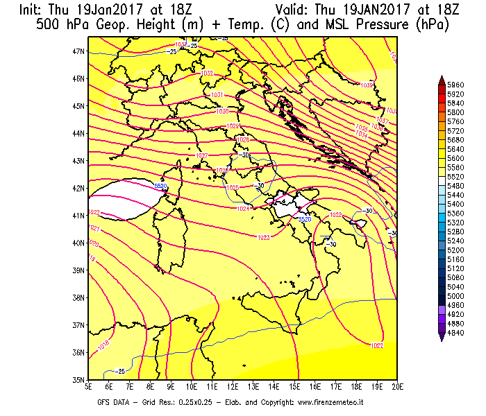 Mappa di analisi GFS - Geopotenziale [m] + Temp. [°C] a 500 hPa + Press. a livello del mare [hPa] in Italia
							del 19/01/2017 18 <!--googleoff: index-->UTC<!--googleon: index-->