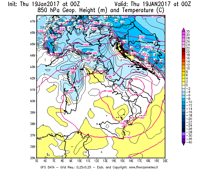 Mappa di analisi GFS - Geopotenziale [m] e Temperatura [°C] a 850 hPa in Italia
							del 19/01/2017 00 <!--googleoff: index-->UTC<!--googleon: index-->