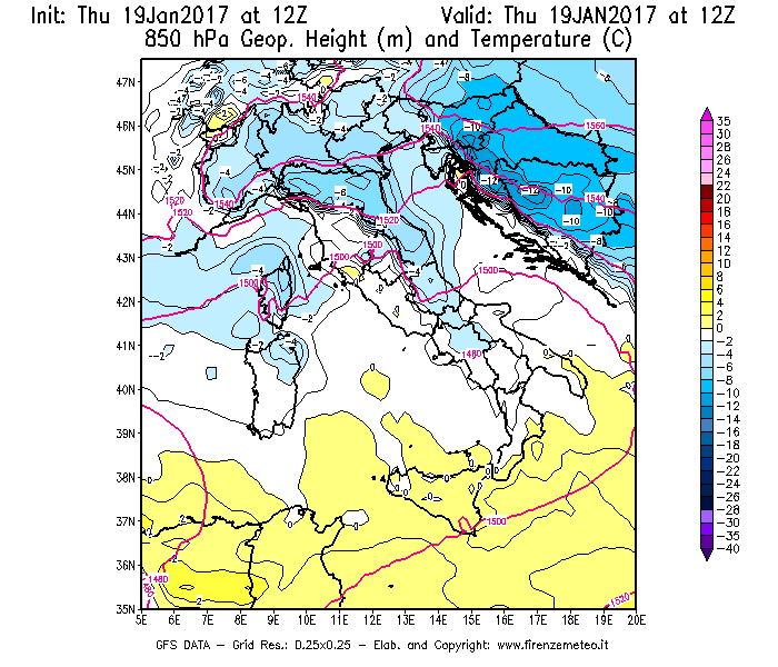Mappa di analisi GFS - Geopotenziale [m] e Temperatura [°C] a 850 hPa in Italia
							del 19/01/2017 12 <!--googleoff: index-->UTC<!--googleon: index-->