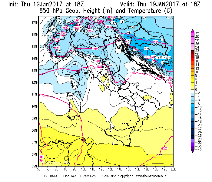 Mappa di analisi GFS - Geopotenziale [m] e Temperatura [°C] a 850 hPa in Italia
							del 19/01/2017 18 <!--googleoff: index-->UTC<!--googleon: index-->