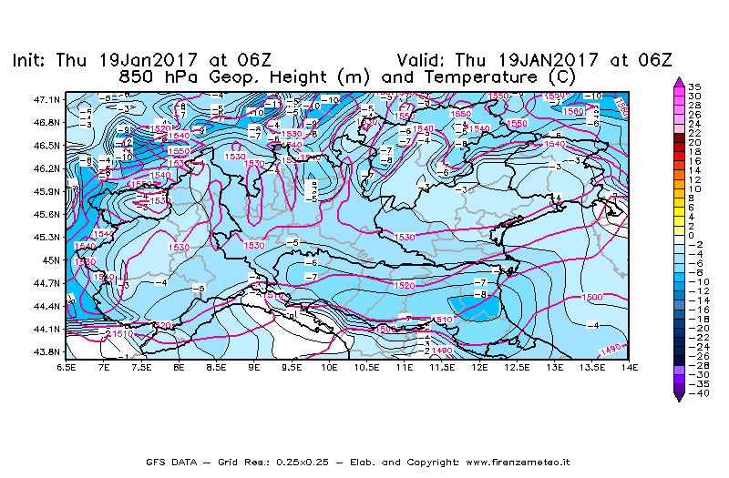 Mappa di analisi GFS - Geopotenziale [m] e Temperatura [°C] a 850 hPa in Nord-Italia
							del 19/01/2017 06 <!--googleoff: index-->UTC<!--googleon: index-->