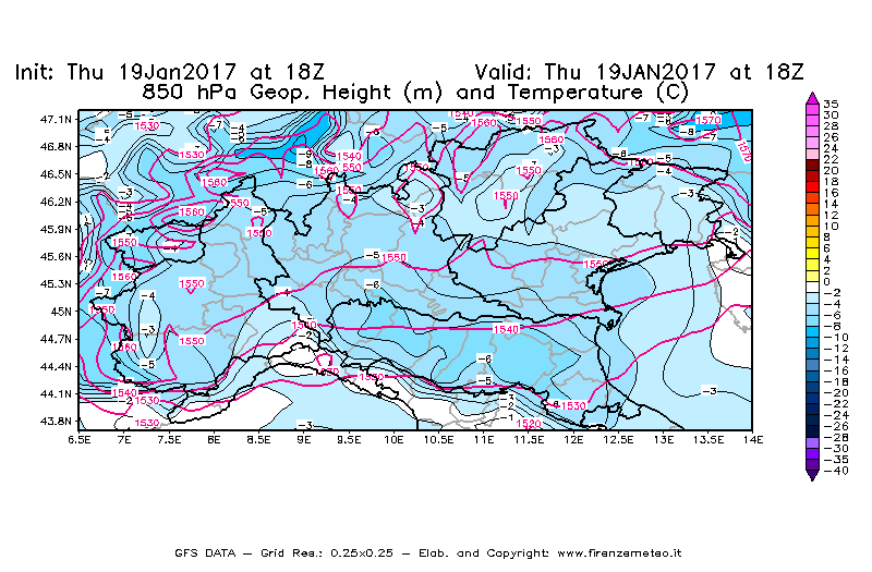 Mappa di analisi GFS - Geopotenziale [m] e Temperatura [°C] a 850 hPa in Nord-Italia
							del 19/01/2017 18 <!--googleoff: index-->UTC<!--googleon: index-->