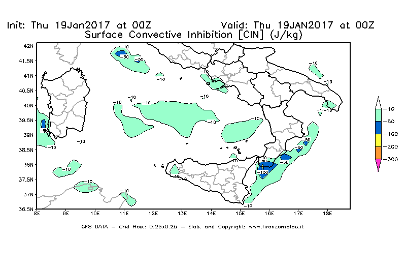 Mappa di analisi GFS - CIN [J/kg] in Sud-Italia
							del 19/01/2017 00 <!--googleoff: index-->UTC<!--googleon: index-->