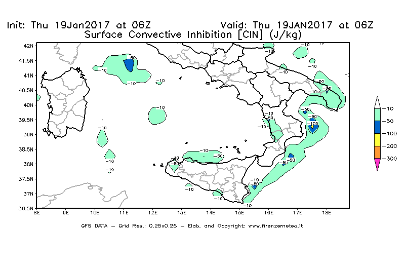 Mappa di analisi GFS - CIN [J/kg] in Sud-Italia
							del 19/01/2017 06 <!--googleoff: index-->UTC<!--googleon: index-->