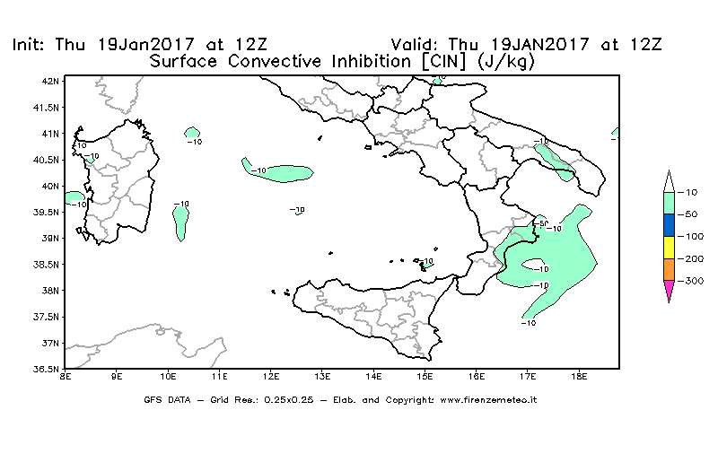 Mappa di analisi GFS - CIN [J/kg] in Sud-Italia
							del 19/01/2017 12 <!--googleoff: index-->UTC<!--googleon: index-->
