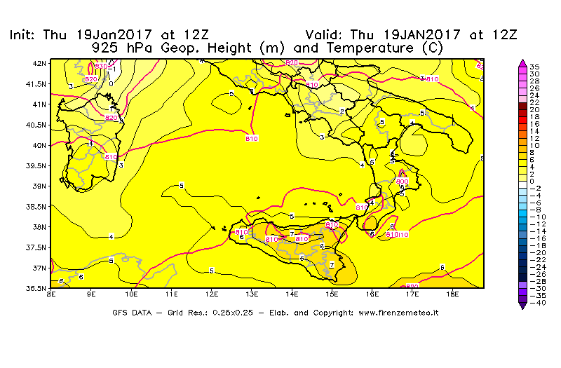 Mappa di analisi GFS - Geopotenziale [m] e Temperatura [°C] a 925 hPa in Sud-Italia
							del 19/01/2017 12 <!--googleoff: index-->UTC<!--googleon: index-->