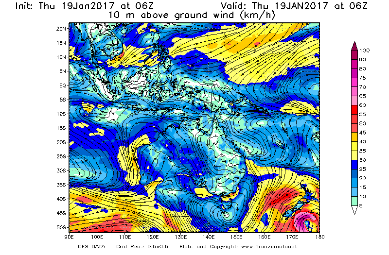 Mappa di analisi GFS - Velocità del vento a 10 metri dal suolo [km/h] in Oceania
							del 19/01/2017 06 <!--googleoff: index-->UTC<!--googleon: index-->