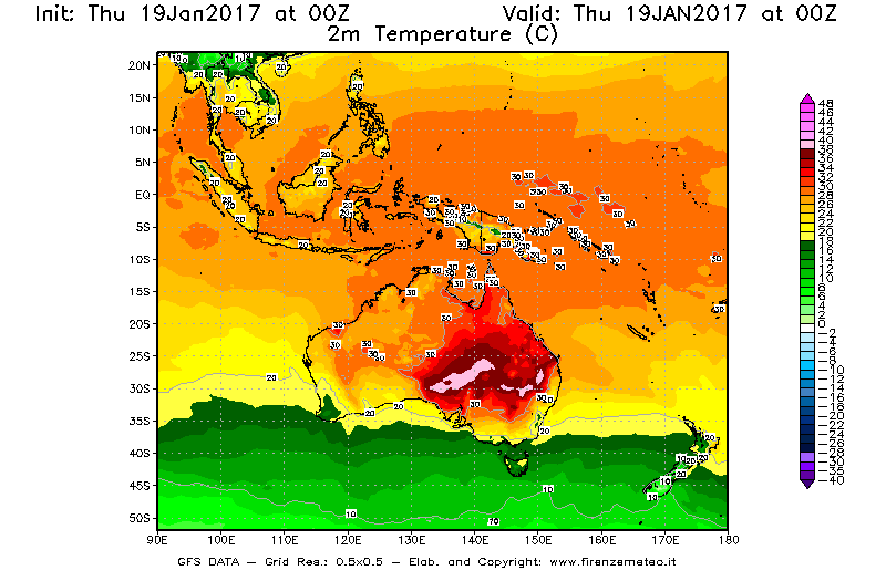Mappa di analisi GFS - Temperatura a 2 metri dal suolo [°C] in Oceania
							del 19/01/2017 00 <!--googleoff: index-->UTC<!--googleon: index-->