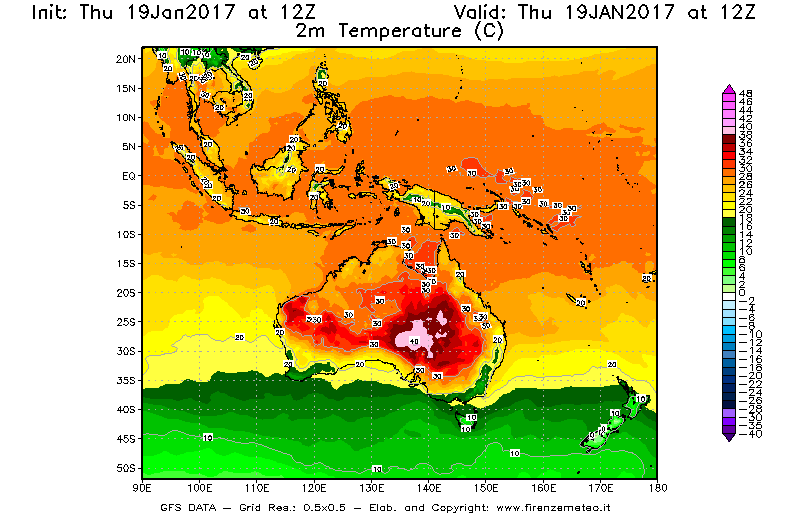 Mappa di analisi GFS - Temperatura a 2 metri dal suolo [°C] in Oceania
							del 19/01/2017 12 <!--googleoff: index-->UTC<!--googleon: index-->