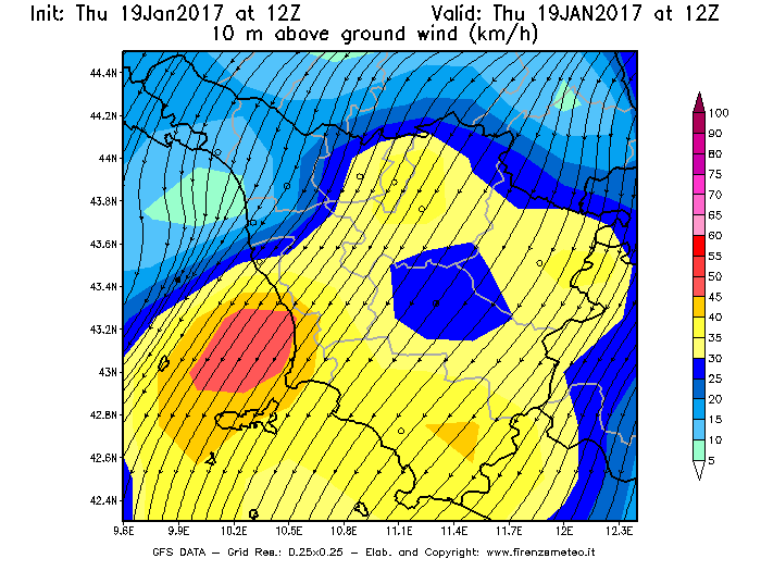 Mappa di analisi GFS - Velocità del vento a 10 metri dal suolo [km/h] in Toscana
							del 19/01/2017 12 <!--googleoff: index-->UTC<!--googleon: index-->