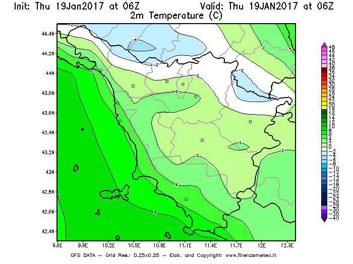 Mappa di analisi GFS - Temperatura a 2 metri dal suolo [°C] in Toscana
							del 19/01/2017 06 <!--googleoff: index-->UTC<!--googleon: index-->