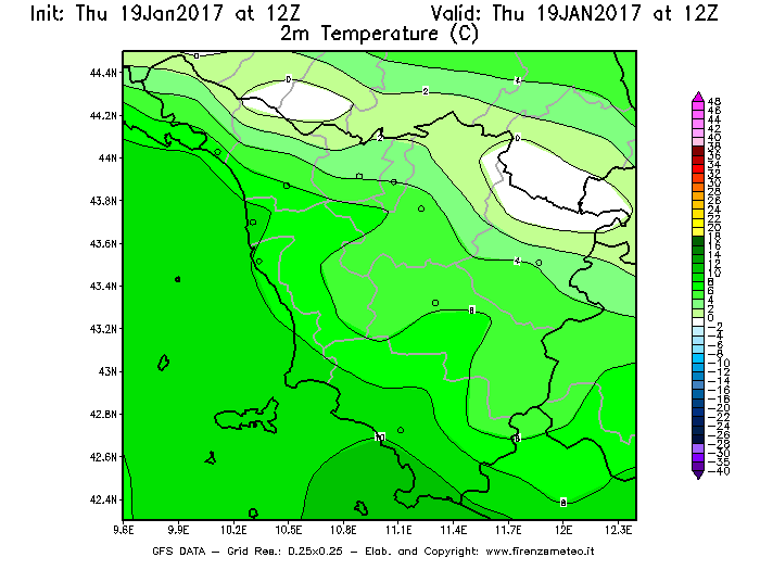 Mappa di analisi GFS - Temperatura a 2 metri dal suolo [°C] in Toscana
							del 19/01/2017 12 <!--googleoff: index-->UTC<!--googleon: index-->