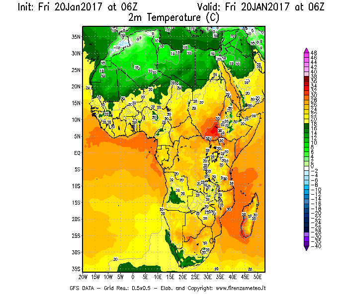 Mappa di analisi GFS - Temperatura a 2 metri dal suolo [°C] in Africa
							del 20/01/2017 06 <!--googleoff: index-->UTC<!--googleon: index-->
