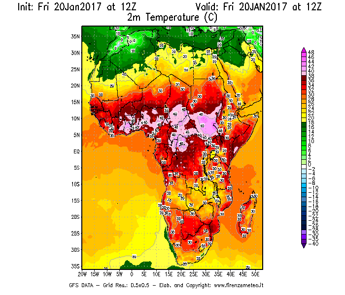 Mappa di analisi GFS - Temperatura a 2 metri dal suolo [°C] in Africa
							del 20/01/2017 12 <!--googleoff: index-->UTC<!--googleon: index-->