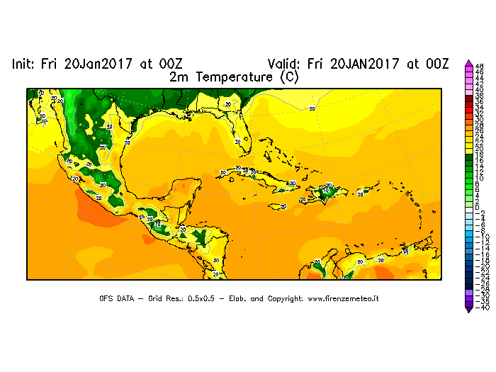 Mappa di analisi GFS - Temperatura a 2 metri dal suolo [°C] in Centro-America
									del 20/01/2017 00 <!--googleoff: index-->UTC<!--googleon: index-->