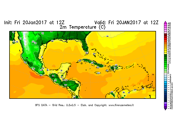 Mappa di analisi GFS - Temperatura a 2 metri dal suolo [°C] in Centro-America
									del 20/01/2017 12 <!--googleoff: index-->UTC<!--googleon: index-->