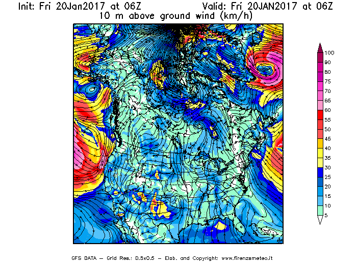 Mappa di analisi GFS - Velocità del vento a 10 metri dal suolo [km/h] in Nord-America
									del 20/01/2017 06 <!--googleoff: index-->UTC<!--googleon: index-->