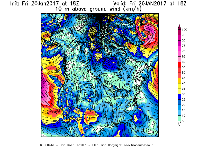 Mappa di analisi GFS - Velocità del vento a 10 metri dal suolo [km/h] in Nord-America
									del 20/01/2017 18 <!--googleoff: index-->UTC<!--googleon: index-->