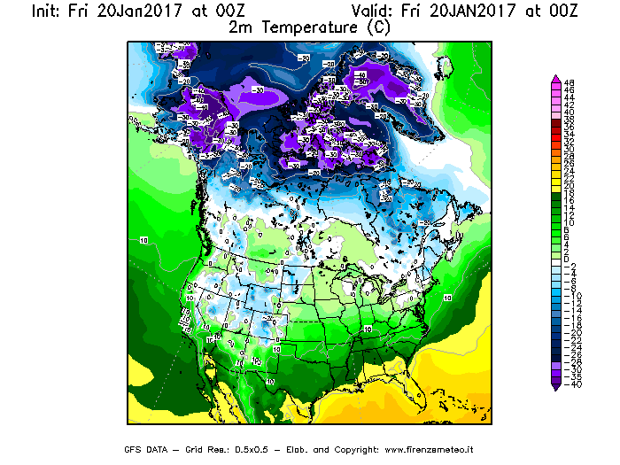 Mappa di analisi GFS - Temperatura a 2 metri dal suolo [°C] in Nord-America
									del 20/01/2017 00 <!--googleoff: index-->UTC<!--googleon: index-->