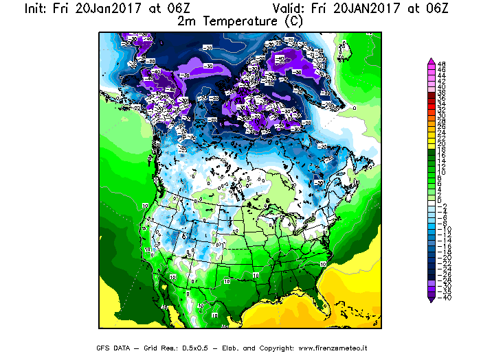 Mappa di analisi GFS - Temperatura a 2 metri dal suolo [°C] in Nord-America
									del 20/01/2017 06 <!--googleoff: index-->UTC<!--googleon: index-->