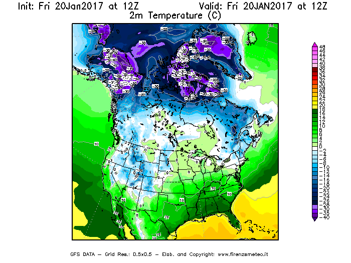 Mappa di analisi GFS - Temperatura a 2 metri dal suolo [°C] in Nord-America
							del 20/01/2017 12 <!--googleoff: index-->UTC<!--googleon: index-->