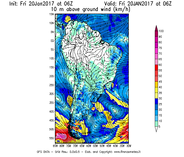 Mappa di analisi GFS - Velocità del vento a 10 metri dal suolo [km/h] in Sud-America
							del 20/01/2017 06 <!--googleoff: index-->UTC<!--googleon: index-->