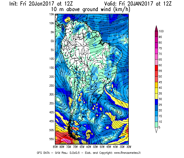 Mappa di analisi GFS - Velocità del vento a 10 metri dal suolo [km/h] in Sud-America
									del 20/01/2017 12 <!--googleoff: index-->UTC<!--googleon: index-->